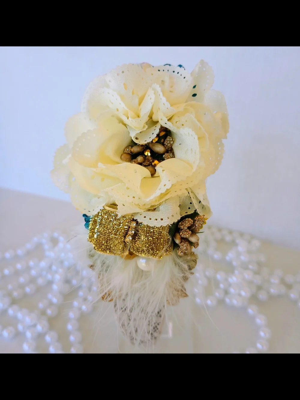Handmade Vintage Floral Headband Ivory & Teal Romantic Boho Hair Accessory.